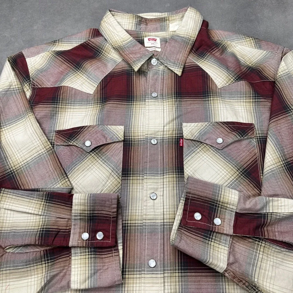 Levis Western Shirt Mens XXL Burgundy Plaid Pearl Snap Standard Excellent